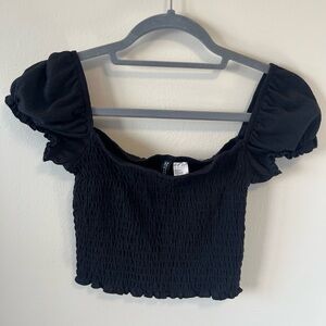 H&M Black Smocked Puff Sleeve Top - S